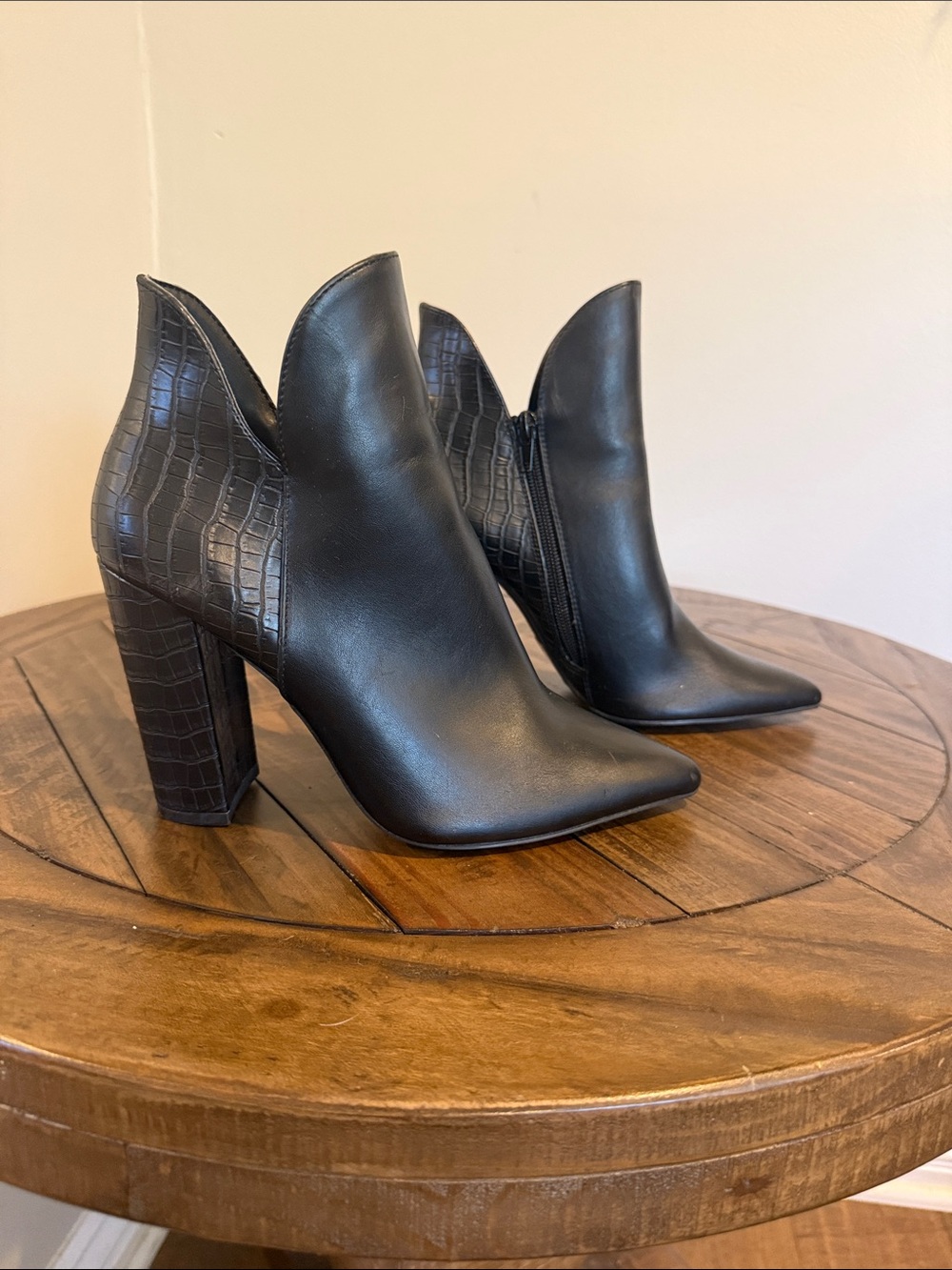 Qupid Black Pointed Croc-Accent Ankle Heeled Boots